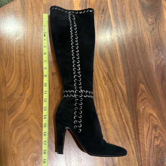 Prada Black Suede Knee High Boots with Brass Rivets - Picture 11 of 13